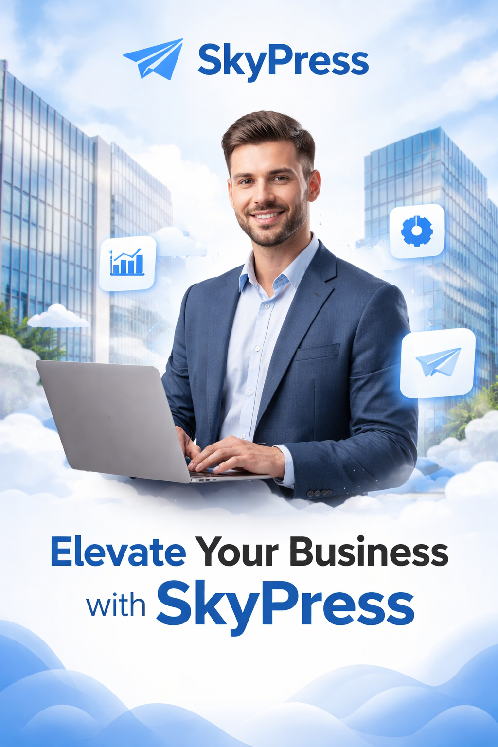 SkyPress professional social media banner featuring finance, forex charts, and global market insights branding