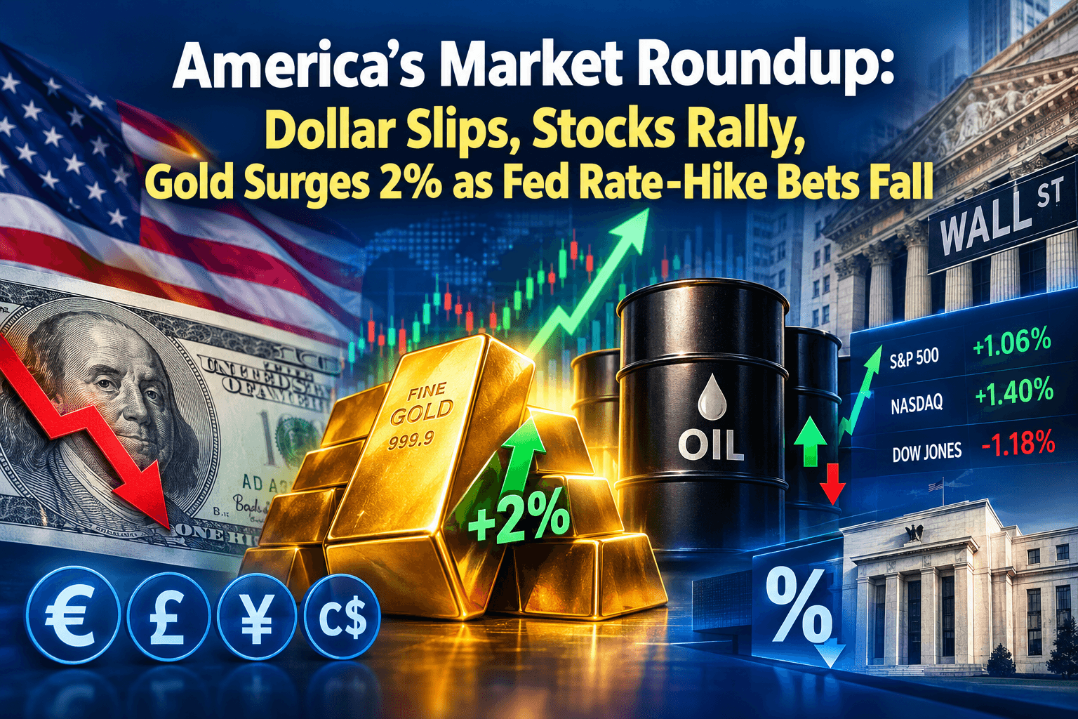 America’s Market Roundup: Dollar Slips, Stocks Rally, Gold Surges 2% as Fed Rate-Hike Bets Fall